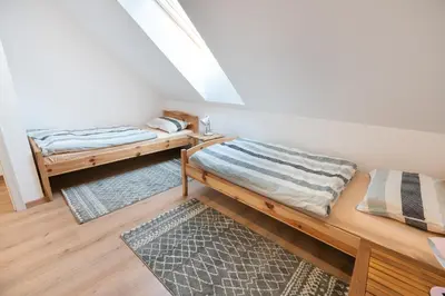 a attic room with two beds and a rug at APARTMENT ZYNGA - STUD FARM in Šentvid pri Stični