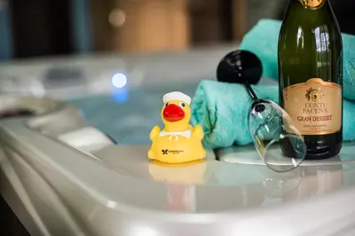a rubber duck sitting on a sink next to a bottle of wine at Holiday Home with Hot tub and Sauna Sabina in Rovte