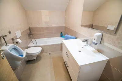 a bathroom with a toilet and a sink and a bath tub at Holiday Home with Hot tub and Sauna Sabina in Rovte