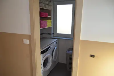 a laundry room with a washing machine and a window at Holiday Home with Hot tub and Sauna Sabina in Rovte