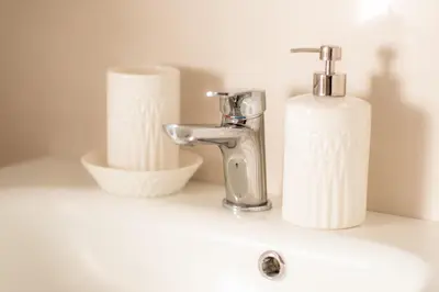 a sink with a soap dispenser and two rolls of toilet paper at Apartment VILLA IRENA Great For a Family Holiday With Free Parking And EV Station in Ajdovščina