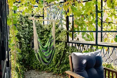 a hammock hanging from a ivy covered fence at Apartment VILLA IRENA Great For a Family Holiday With Free Parking And EV Station in Ajdovščina