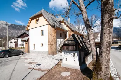 a house with a bird house on the side of a tree at Pierta Apartment in Bovec