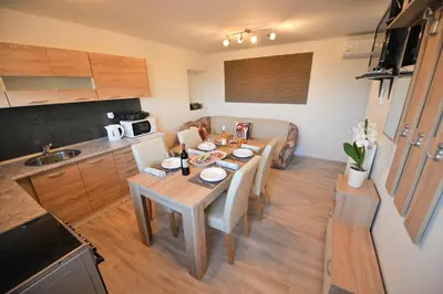 a kitchen and a dining room with a table and chairs at Apartments Jernej with Onsite Wellness in Brežice