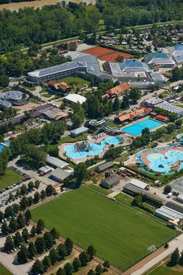 an overhead view of a resort with several pools at Mediteran Travel Mobile Homes in Camping Terme Čatež in Brežice