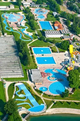 an overhead view of a water park with several pools at Mediteran Travel Mobile Homes in Camping Terme Čatež in Brežice