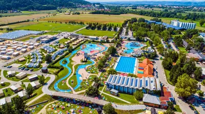 an aerial view of a water park with a pool at Mediteran Travel Mobile Homes in Camping Terme Čatež in Brežice