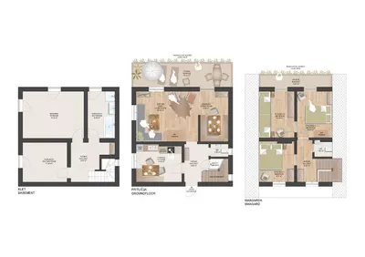 a floor plan of three different houses at Magical Family Home 84 in Bohinj
