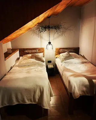 a bedroom with two beds and a chandelier at Wellness Holiday House Lagev in Moravske Toplice