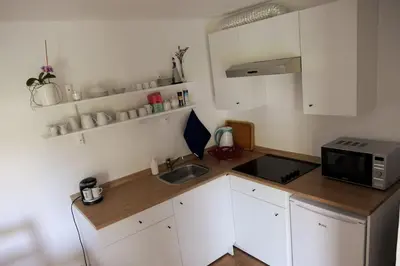 a kitchen with white cabinets and a sink and a microwave at D&N Apartment in Ljubljana