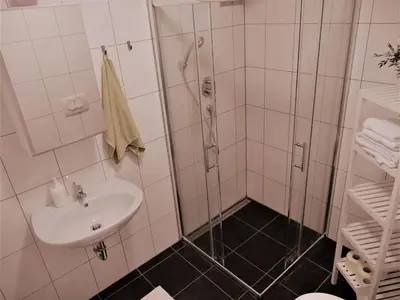 a bathroom with a shower and a sink at D&N Apartment in Ljubljana