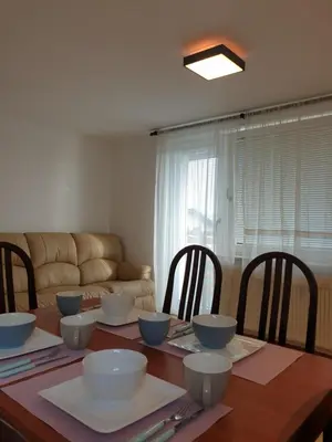 a dining room table with bowls on top of it at Apartment Barje I in Ljubljana
