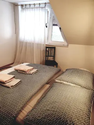 two twin beds in a room with a window at Apartment Barje I in Ljubljana