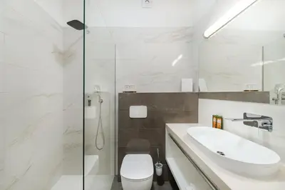 a bathroom with a sink and a toilet and a shower at Hotel Dvorec in Tolmin
