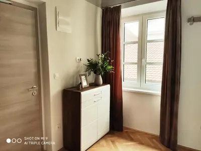 a room with a window and a dresser with a plant on it at Aparthotel Cross Street 4 in Ljubljana