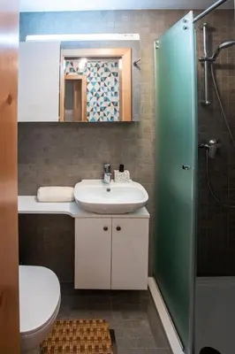 a bathroom with a sink and a toilet and a mirror at Apartma Borovnica Rogla in Vitanje