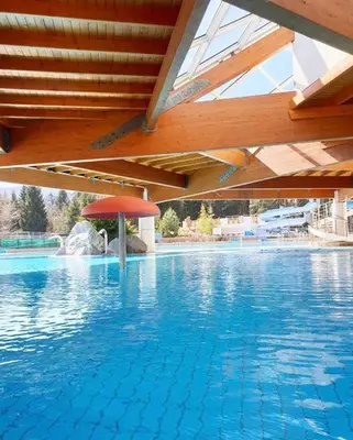 a swimming pool with a red umbrella and blue water at Apartma Borovnica Rogla in Vitanje