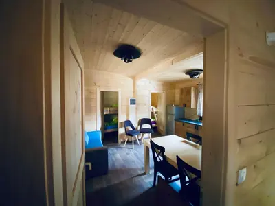 a kitchen and dining room with a table and chairs at Wooden lodge with jacuzzi in Rečica ob Savinji