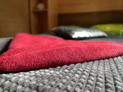 two red pillows on top of a bed at Wooden lodge with jacuzzi in Rečica ob Savinji