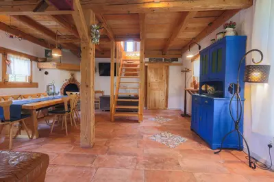 a kitchen and dining room with a wooden ceiling at Vila Jana in Radovljica