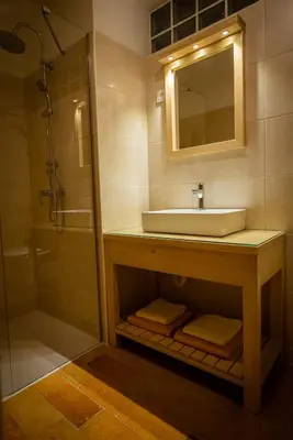 a bathroom with a sink and a shower at House On The Hill (Hiška Na Griču) in Spodnja Idrija