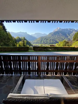 a balcony with a view of the mountains at Apartma Vidovič in Rateče