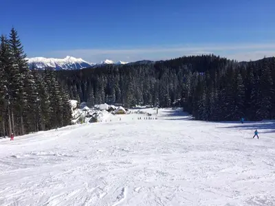 a group of people skiing down a snow covered slope at Apartment Ski Sara Pokljuka in Bled
