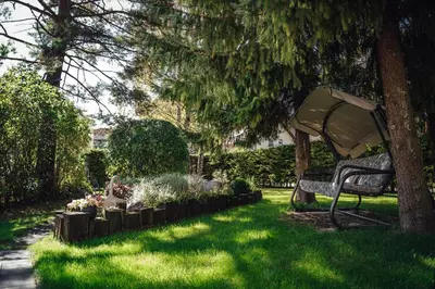 a park bench under a tree in the grass at Apartma BOROVC in Mojstrana