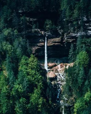 an aerial view of a waterfall in a forest at Apartma BOROVC in Mojstrana