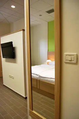 a bedroom with a bed and a mirror in a room at Pension Patrik in Hrušica