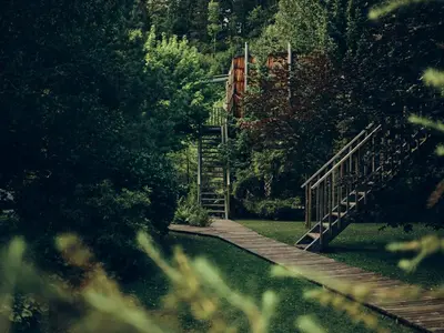 a wooden path leading to a house in a forest at House Raduha in Luče