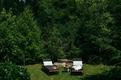 two chairs and a table in a yard with trees at House Raduha in Luče