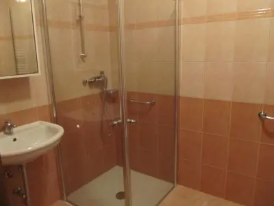 a shower with a glass door next to a sink at Tourist Farm Ljubica in Poljane nad Škofjo Loko