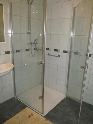 a shower with a glass door next to a sink at Tourist Farm Ljubica in Poljane nad Škofjo Loko