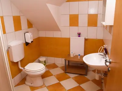a small bathroom with a toilet and a sink at Guest House Pri Treh Lipah in Ptuj
