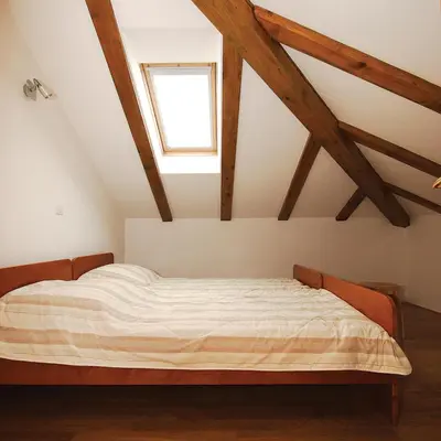 a bedroom with a bed in the attic at Apartments Janks in Vremski Britof