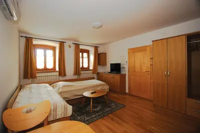 a small bedroom with two beds and a table at Apartments Janks in Vremski Britof