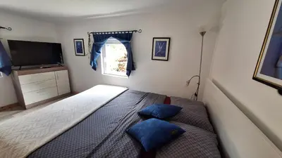 a bedroom with a bed with blue pillows and a window at Divine Lake House in Motnik