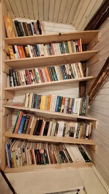 a bunch of books are lined up on a wall at Divine Lake House in Motnik