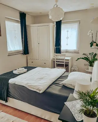 a bedroom with a large bed and two windows at Apartments Ivanović in Idrija