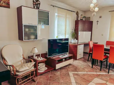 a living room with a television and a table with chairs at Apartments Ivanović in Idrija