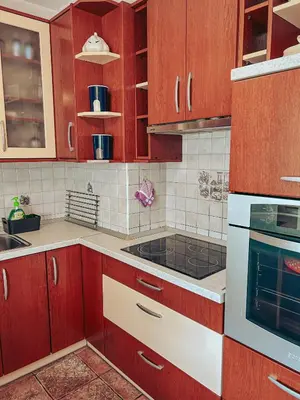 a kitchen with wooden cabinets and a stove top oven at Apartments Ivanović in Idrija