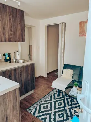 a kitchen with a couch and a table and a chair at Apartments Ivanović in Idrija