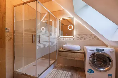 a bathroom with a washing machine and a sink at Vineyard cottage Škatlar 3 in Otočec