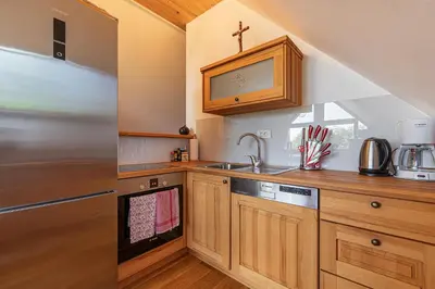 a kitchen with wooden cabinets and a stainless steel refrigerator at Vineyard cottage Škatlar 3 in Otočec