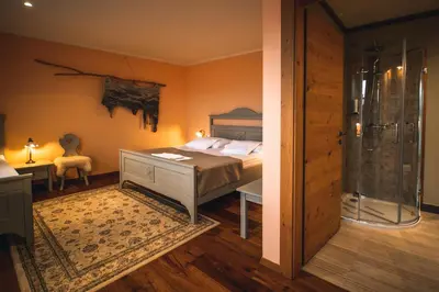 a bedroom with a bed and a glass shower at Hotel Zamorc in Škofja Loka