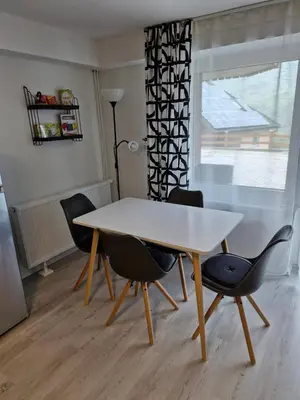 a dining room table and chairs in a room at Apartma Vovk in Mojstrana