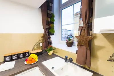 a kitchen with a sink and a window at Sweet getaway apartment - central & parking in Ljubljana