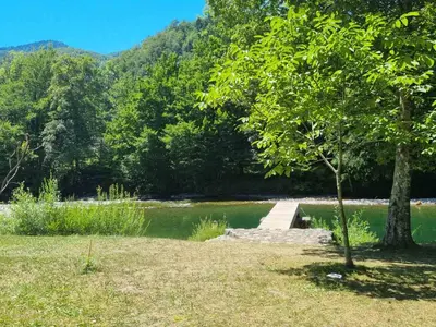 a wooden bridge over a lake with a tree at Vila Rozi, Osilnica - vacation house Pr' Vili Rozi in Osilnica