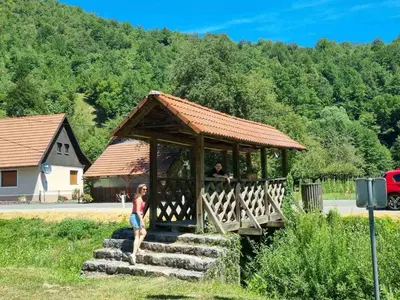 a woman is standing in a gazebo at Vila Rozi, Osilnica - vacation house Pr' Vili Rozi in Osilnica
